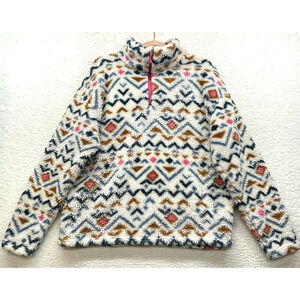 Eddie Bauer Sweater Womens Large 1/4 Zip Pullover Vanilla Aztec Sherpa Fleece
